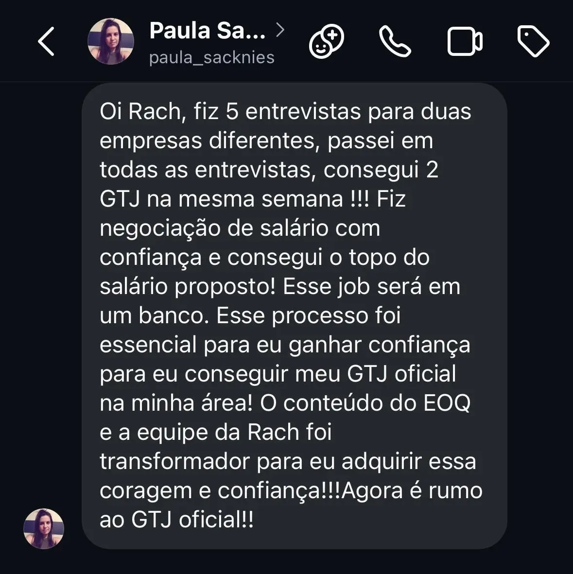 Print de depoimento no WhatsApp