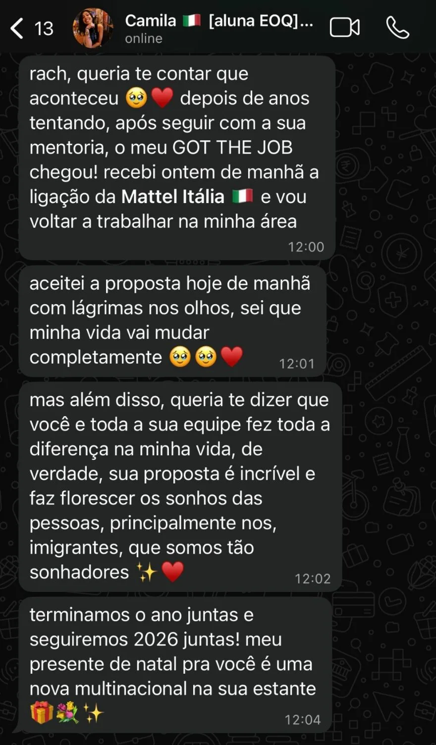 Print de depoimento no WhatsApp